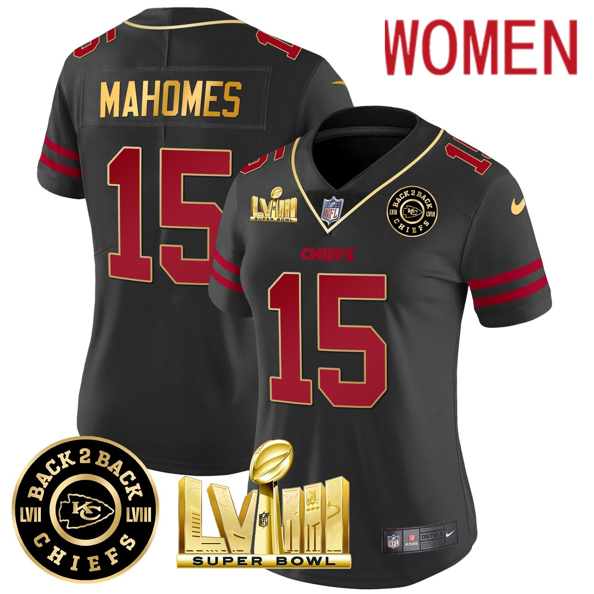 Women Kansas City Chiefs #15 Mahomes Black 2024 Nike Super Bowl LVIII & Back-2-Back Patch Vapor NFL Jersey style 1->women nfl jersey->Women Jersey